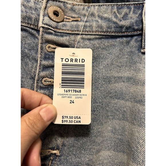 New Torrid Women’s Size 24 Stovepipe Destroyed Raw Hem Stretch Light Wash Jeans - Picture 2 of 5